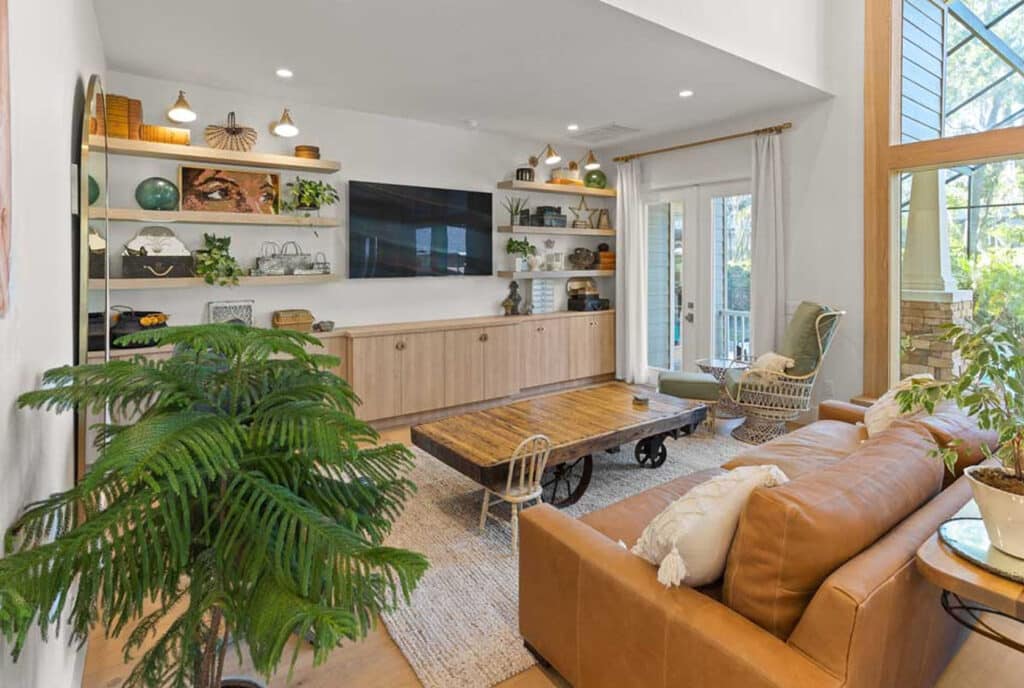 Sunlit modern living room with leather sofa and plants